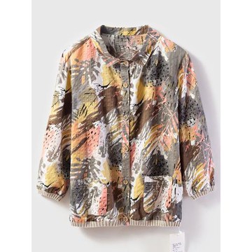 波西米亞媽媽襯衫翻領七分袖小衫中老年女裝半袖印花奶奶上衣棉麻