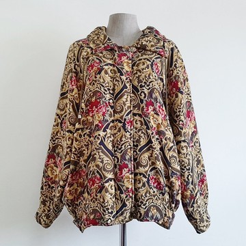 復古棕黃色巴洛克印花夾克 女款 花卉飛行員防風外套 XL
