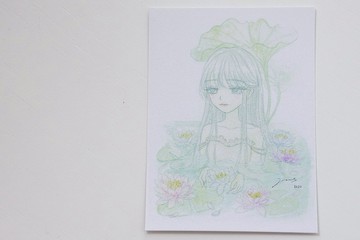 午夜的森林。花系少女手繪卡片 - 睡蓮