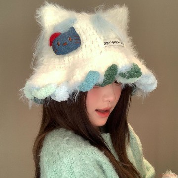 精選好物🌈可愛Kitty貓耳朵毛絨針織帽女秋冬季顯臉小毛線帽大頭圍保暖帽子