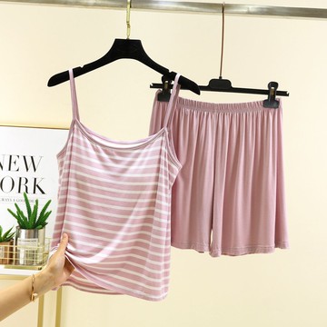 胖胖美依 L-2XL套裝 無袖T卹 短褲 居家服 背心 吊帶 新款莫代爾吊帶背心薄款胸墊無袖內搭圓領上衣-5011.