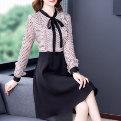 Heart Aラインワンピース レディース 長袖 プリント ワンピース ハート柄 ブラック ドッキング 膝丈ワンピース 通勤 通販 Lineポイント最大get Lineショッピング