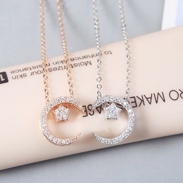 925純銀項鍊 鑲鑽吊墜-歐美時尚星月造型母親節情人節生日禮物女飾品2色73gx20【獨家進口】【米蘭精品】