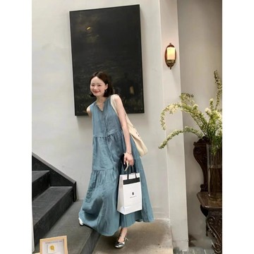 🌈ATC✨大尺碼女裝夏季女 新款日系慵懶風高級感寬鬆顯瘦遮肉藍色洋裝連身裙大碼女裝