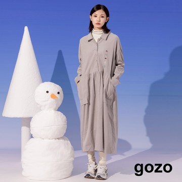 【gozo】➤洗滌小標半開襟條絨長袖洋裝(灰色/黑色_F) | 女裝 顯瘦 休閒