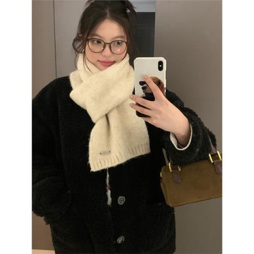 含羊毛韓版毛線針織圍巾女冬季2024新款高級感保暖百搭圍脖白色男