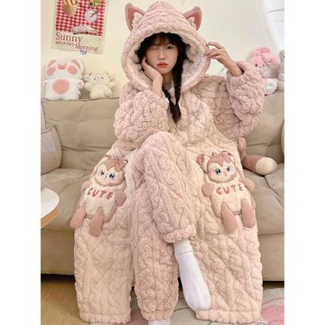 秋冬季珊瑚絨睡衣女長袍款加絨加厚三層夾棉法蘭絨保暖家居服冬天