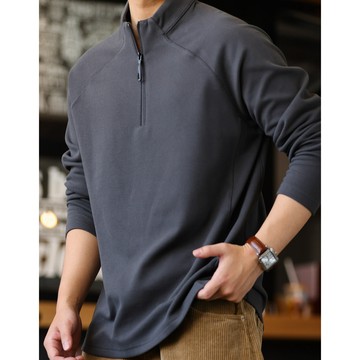 Wuluwear 美式半拉鍊德絨T恤男微寬親膚290g重磅插肩袖休閒大學T秋