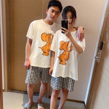 卡通老鼠大碼情侶睡衣男女夏季純棉短袖寬松家居服胖MM200斤套裝