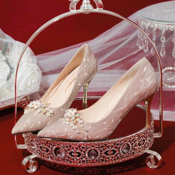 水晶婚鞋高跟香檳色銀色高級感婚紗秀禾服伴娘鞋禮服鞋鞋花可拆卸