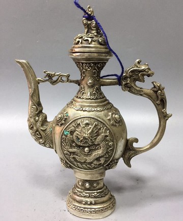 熱賣 古玩雜項黃銅鍍銀龍吐珠茶壺白銅龍酒壺 仿古做舊工藝品擺件