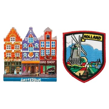 A-ONE 匯旺 荷蘭彩色房屋造型立體磁鐵 + 風車外套貼布 Set  荷蘭彩色房屋 + 風車  3.07 x 3.11吋 + 2.5 x 3.1吋