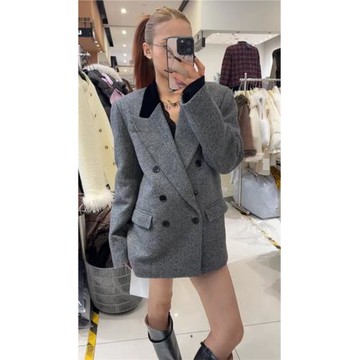 高級感西裝毛呢外套女冬季時尚夾棉加厚休閑廓形灰色拼接呢子大衣