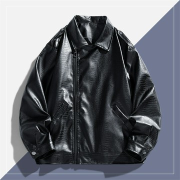 新款高品質皮衣男鱷魚皮質感pu皮夾克復古純色機車服男士休閑外套鑫弘-衣錦男裝