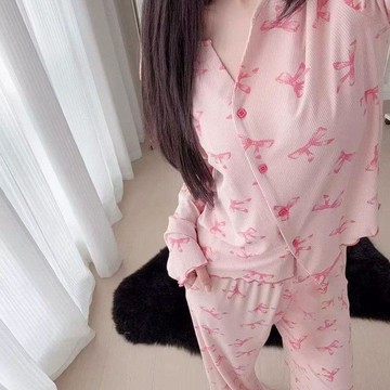 可可裡🌺ins風粉色蝴蝶結甜美睡衣女春秋款長袖長褲居家外出休閒兩件套裝