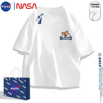 NASA聯名柯基圖案t恤短袖男士2025新款夏季大碼寬松白色打底體恤