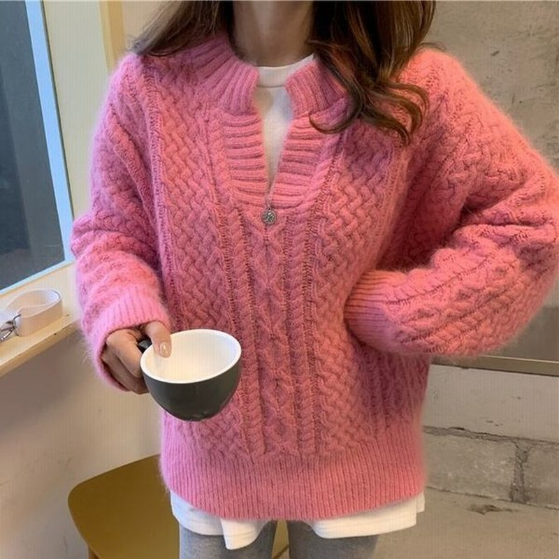 4color レディース トップス ニット セーター キーネックケーブルニット キーネック ケーブル編み 袖あり ボリューム袖 プルオーバー ピンク 通販 Lineポイント最大0 5 Get Lineショッピング