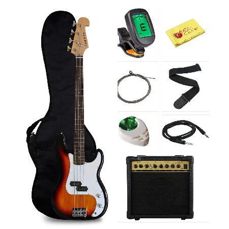 Stedman Pro Beginner Series Bass Guitar Bundle with 15-Watt Amp, Gig Bag, Instrument Cable, Strap, Picks, and Polishing Cloth Sunburst