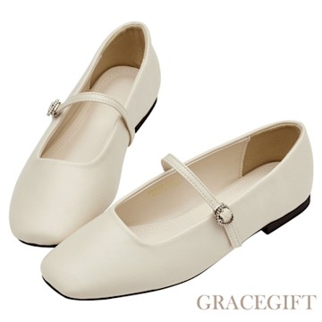 【Grace Gift】韓系小愛心復古平底瑪莉珍鞋 米白