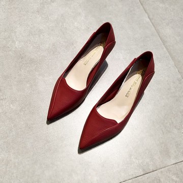 春秋細跟高跟鞋女淺口性感尖頭單鞋軟皮女人味上班鞋伴娘鞋酒紅色