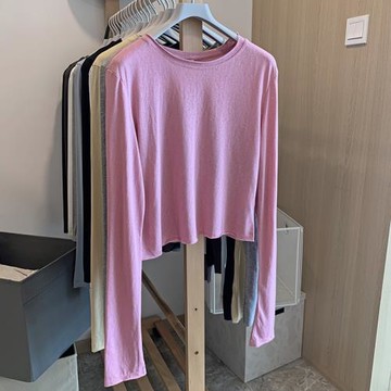 純色百搭卷邊長袖T恤女秋季2023新款修身顯瘦打底衫圓領短款上衣