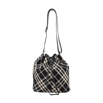BURBERRY 新款格紋中型水桶包(黑色/白布色)