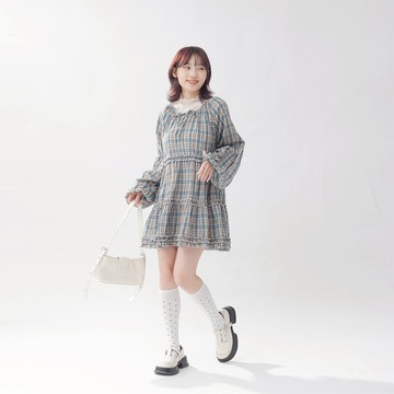QUEENSHOP_F 女裝 格紋荷葉綁帶設計短洋裝 兩色售 現+預 【01087207】