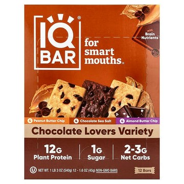 IQBAR, 植物蛋白質棒，巧克力愛好者什錦口味，12 根，每根 1.6 盎司（45 克）