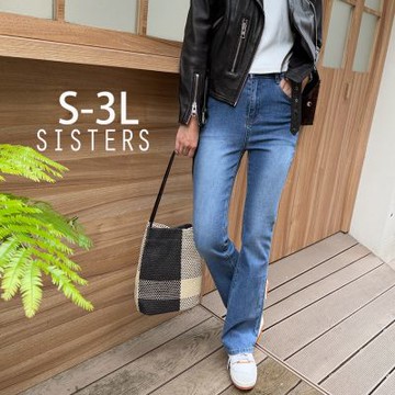 SISTERS復古刷痕蝴蝶結刺繡顯瘦喇叭寬褲 牛仔褲/S-3L(下著/靴型褲/喇叭褲/女長褲/寬褲/褲子/丹寧)