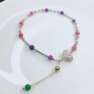金銀財寶Jinyincaibao粉碧璽 紫水晶愛心拉式手鍊