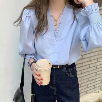 韓國chic秋季法式v領木耳邊泡泡袖襯衫女設計感小眾氣質別致上衣