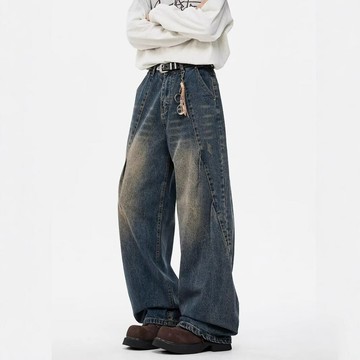 潮牌街頭風水洗打褶彎刀牛仔褲男女美式解構闊腿寬松直筒休閑長褲鑫弘-衣錦男裝