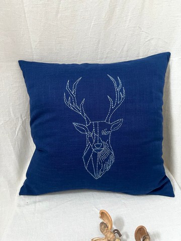 手繪幾何鹿抱枕套 – 藍色亞麻風情靠墊
