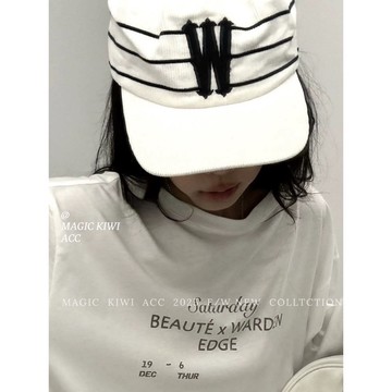 韓國小眾設計 W 字母刺繡條紋帽中性燈芯絨平頂棒球帽