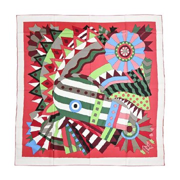 Hermes 愛馬仕 Cheval de Fete 140花飾緞帶喀什米爾與真絲混紡方巾(深粉/綠/黃)