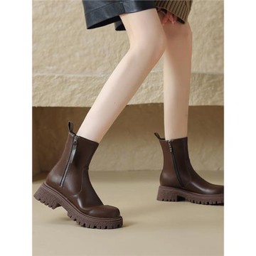 真皮馬丁靴女鞋2025新款英倫風復古秋冬季棕色短靴厚底單靴41-43