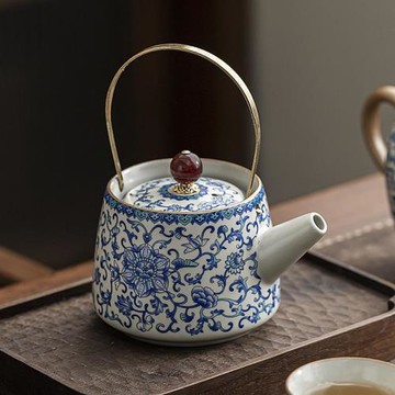 庫存處理汝窯提梁壺復古青花茶壺泡茶家用陶瓷茶水壺泡茶壺功夫茶