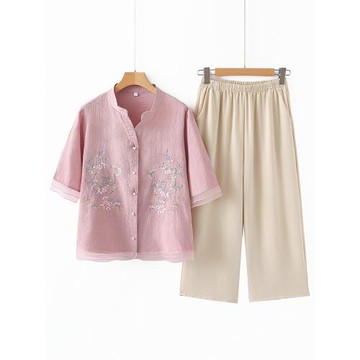 媽媽夏裝套裝2025新款中年女裝時尚棉麻開衫刺繡短袖T恤兩件套女