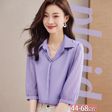 翻領純色暗門襟雙滾邊拼接雪紡上衣 M-2XL【865355X】【現+預】☆流行前線☆