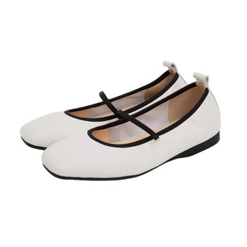 viina素面真皮細帶瑪莉珍平底娃娃鞋 -米白