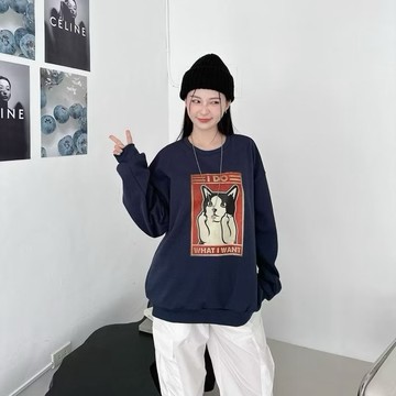 隔日到貨 98194 長袖 大學T 韓版  衛衣  內刷毛 踢 中指貓 圓領大學T 寬鬆衛衣 保暖刷毛 OVERSIZE