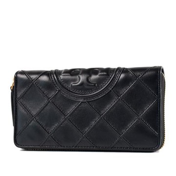 TORY BURCH 專櫃款 FLEMING 絎縫格紋壓花雙T拉鍊長夾-黑色