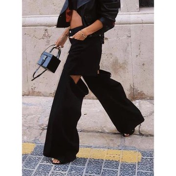 TWOTWINSTYLE美式復古挖剪鏤空做舊牛仔褲個性解構設計闊腿長褲女