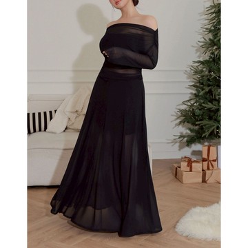 AIR SPACE PLUS 透膚雪紡傘擺長裙(黑) 女裝 現貨 中大尺碼 大尺碼