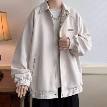 麂皮絨翻領港風帥氣拉鍊素色夾克男 美式復古百搭機能外套男