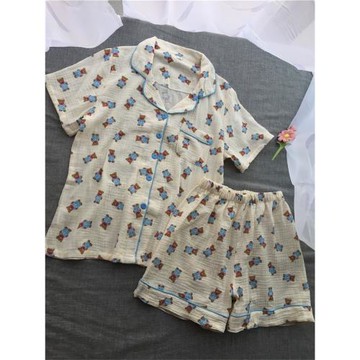 夏季女士睡衣家居服短褲短袖純棉全棉紗布可愛薄款雙層紗布縐布