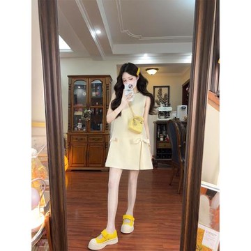 裙子女夏季新款法式設計感小香風蝴蝶結無袖背心連衣裙小個子顯瘦