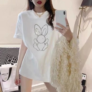 SY純棉大碼短袖t恤女重工燙鉆圓領上衣甜美洋氣下衣失蹤ins風設計感小眾T恤甜美風韓系穿搭上衣ins潮
