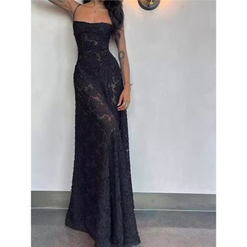 黑色女神吊帶裙透視拖地連衣裙高級顯瘦性感綁帶禮服度假拖地長裙