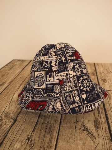 手工製作 深藍日本懷舊海報 雙面太陽帽子 可客製適合嬰兒小孩成